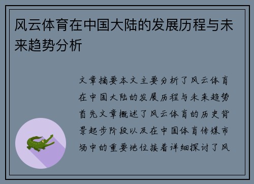 风云体育在中国大陆的发展历程与未来趋势分析